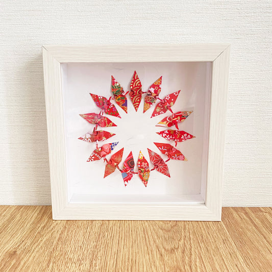 Red Yuzen Origami Cranes in a Square Box Frame